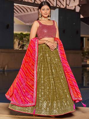 marvelous olive green sequins georgette lehenga set choli with dupatta 1