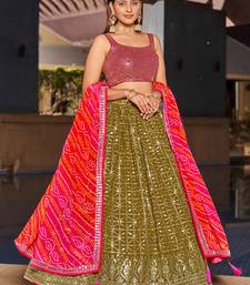 marvelous olive green sequins georgette lehenga set choli with dupatta