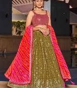 marvelous olive green sequins georgette lehenga set choli with dupatta