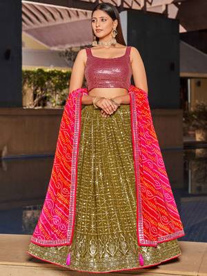 marvelous olive green sequins georgette lehenga set choli with dupatta 2