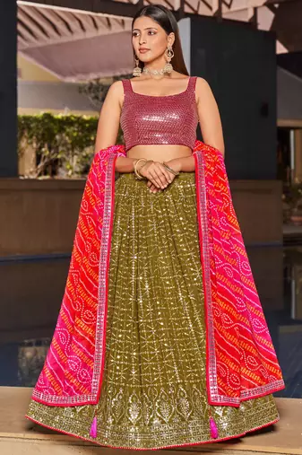 marvelous olive green sequins georgette lehenga set choli with dupatta