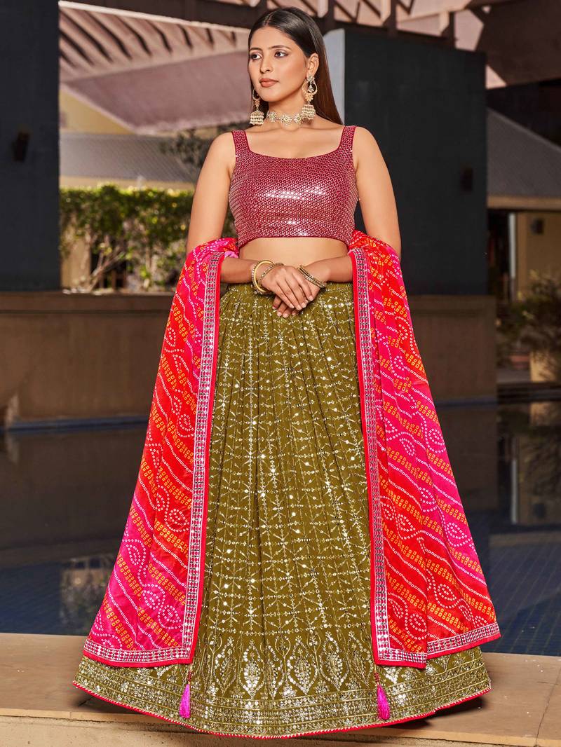 Marvelous Olive Green Sequins Georgette Sangeet Wear Lehenga Choli