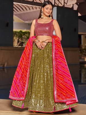 marvelous olive green sequins georgette lehenga set choli with dupatta 3