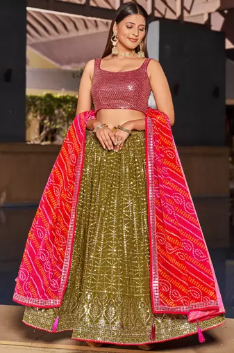 marvelous olive green sequins georgette lehenga set choli with dupatta