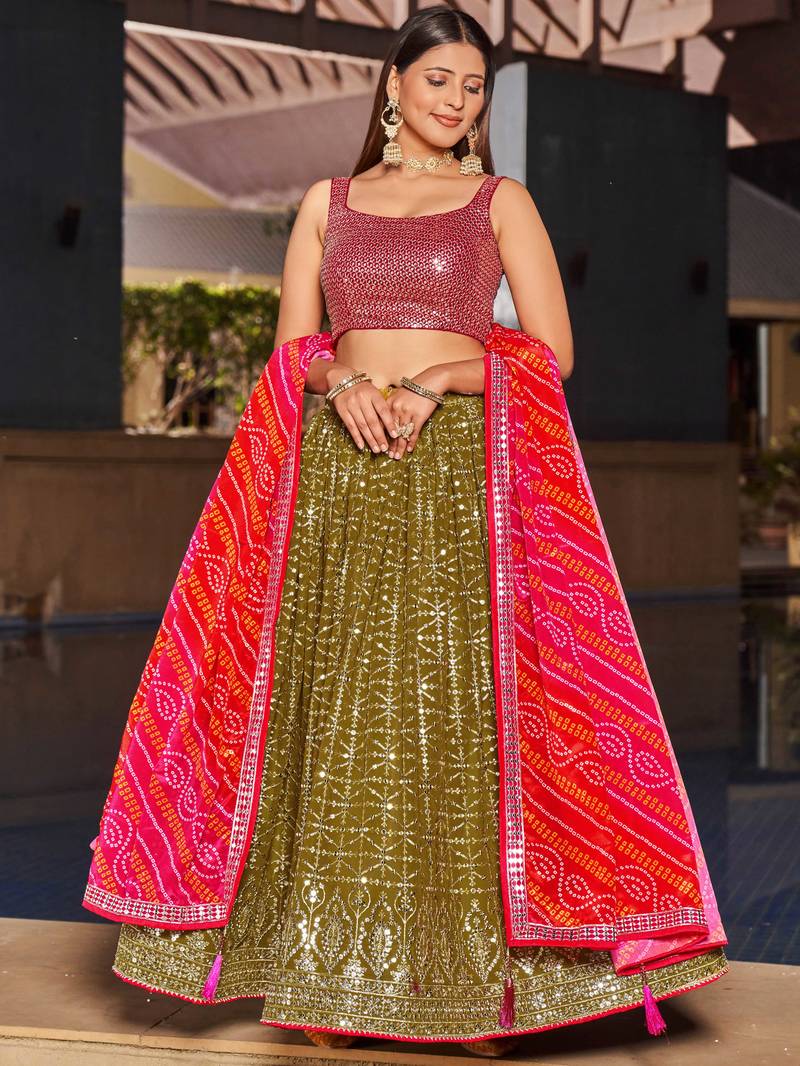 Marvelous Olive Green Sequins Georgette Sangeet Wear Lehenga Choli
