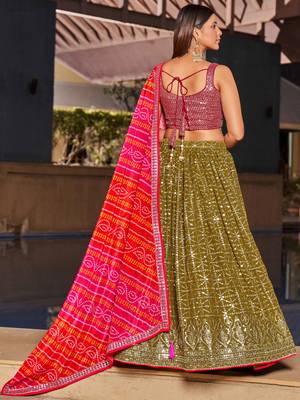 marvelous olive green sequins georgette lehenga set choli with dupatta 4
