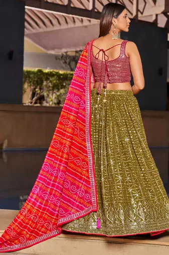 marvelous olive green sequins georgette lehenga set choli with dupatta