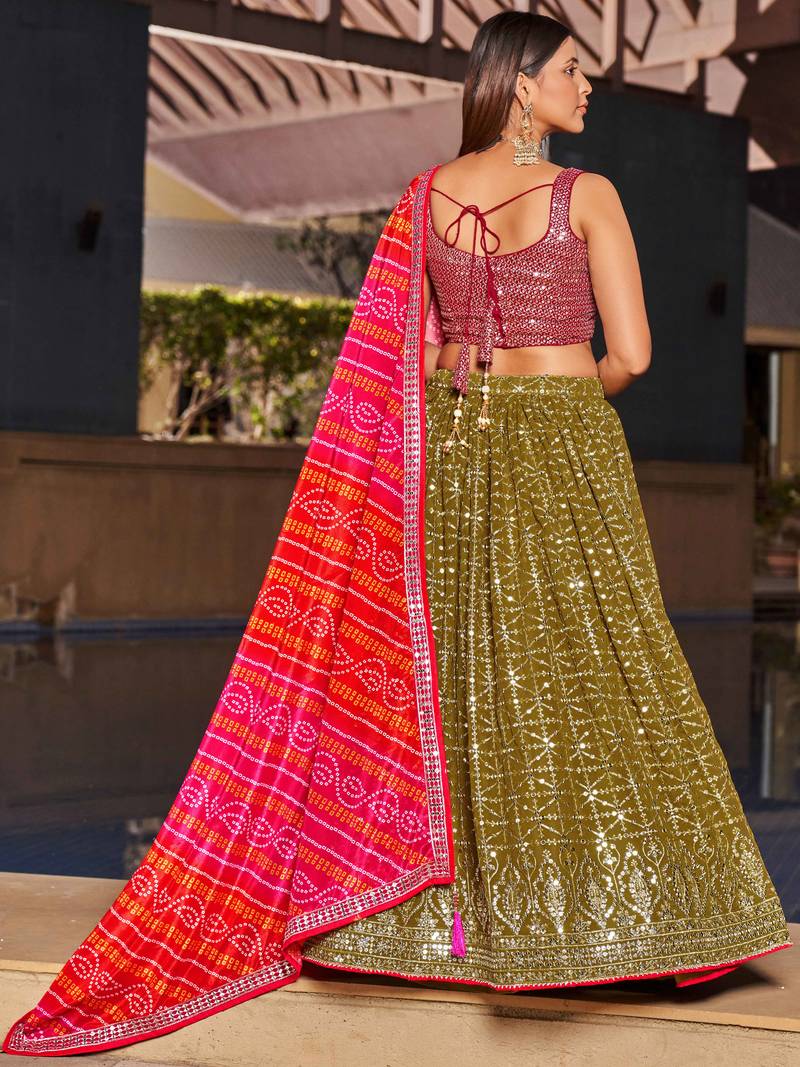Marvelous Olive Green Sequins Georgette Sangeet Wear Lehenga Choli