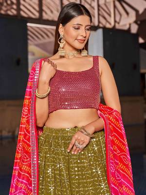 marvelous olive green sequins georgette lehenga set choli with dupatta 5