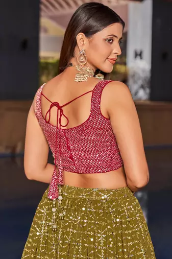 marvelous olive green sequins georgette lehenga set choli with dupatta