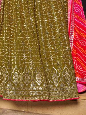 marvelous olive green sequins georgette lehenga set choli with dupatta 7