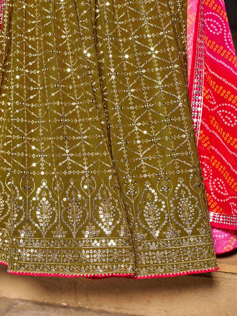 Marvelous Olive Green Sequins Georgette Sangeet Wear Lehenga Choli