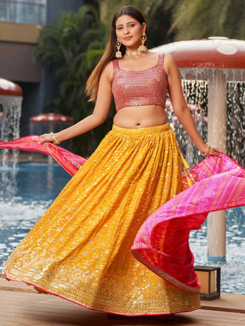 Gorgeous Yellow Sequins Georgette Haldi Wear Lehenga Choli