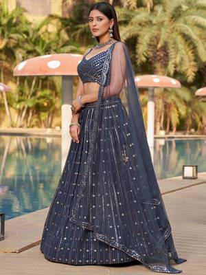  grey sequins georgette lehenga set choli with dupatta 2