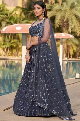  grey sequins georgette lehenga set choli with dupatta
