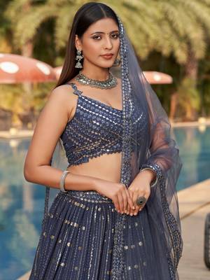  grey sequins georgette lehenga set choli with dupatta 5