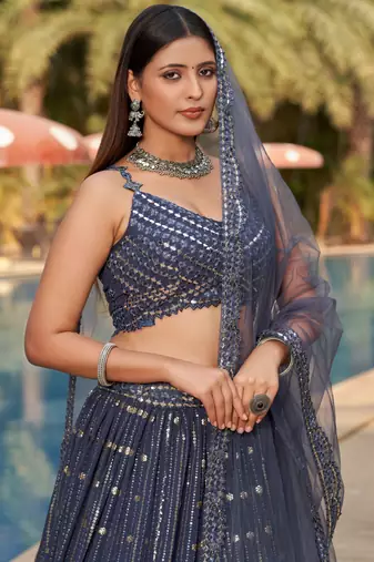  grey sequins georgette lehenga set choli with dupatta