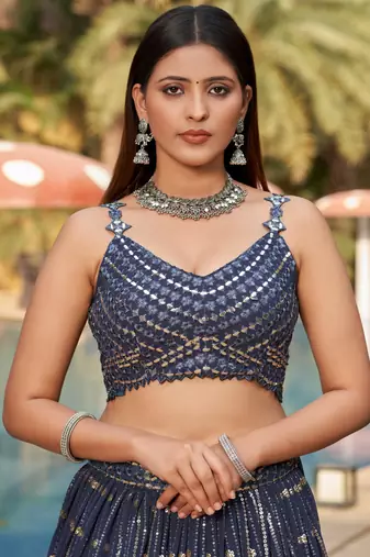  grey sequins georgette lehenga set choli with dupatta