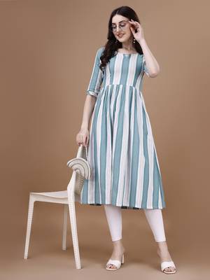 Sea green striped printed cotton flared kurti 1