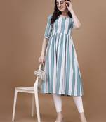 Sea green striped printed cotton flared kurti