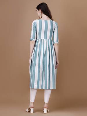 Sea green striped printed cotton flared kurti 2