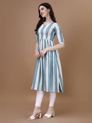 Sea green striped printed cotton flared kurti 3