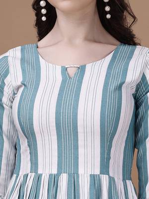 Sea green striped printed cotton flared kurti 4