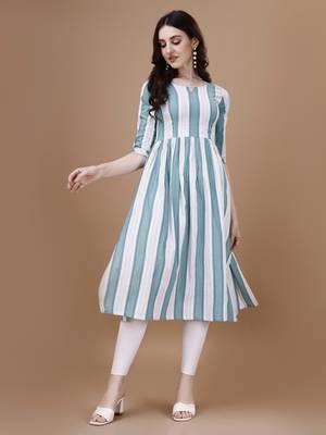 Sea green striped printed cotton flared kurti 5