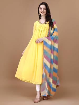 Yellow color lace work georgette alia cut flared kurti 1