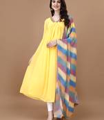 Yellow color lace work georgette alia cut flared kurti