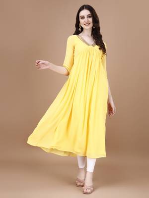 Yellow color lace work georgette alia cut flared kurti 4