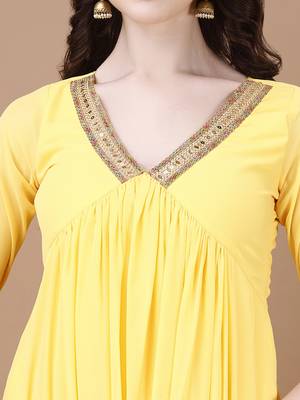 Yellow color lace work georgette alia cut flared kurti 5