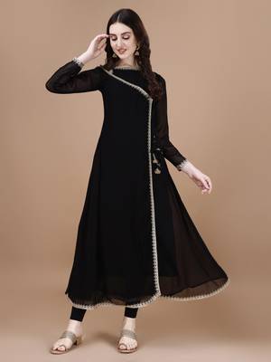 Black color lace work georgette anarkali kurti 5