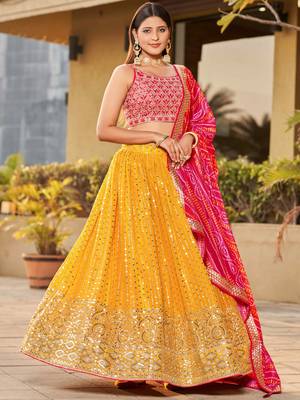 yellow sequins georgette lehenga set choli with dupatta 1