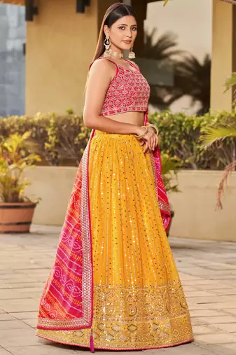 yellow sequins georgette lehenga set choli with dupatta