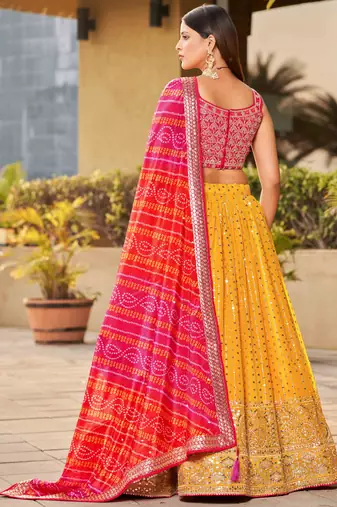 yellow sequins georgette lehenga set choli with dupatta