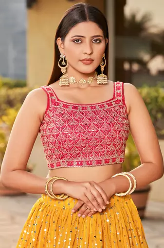 yellow sequins georgette lehenga set choli with dupatta