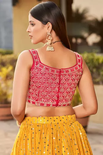 yellow sequins georgette lehenga set choli with dupatta