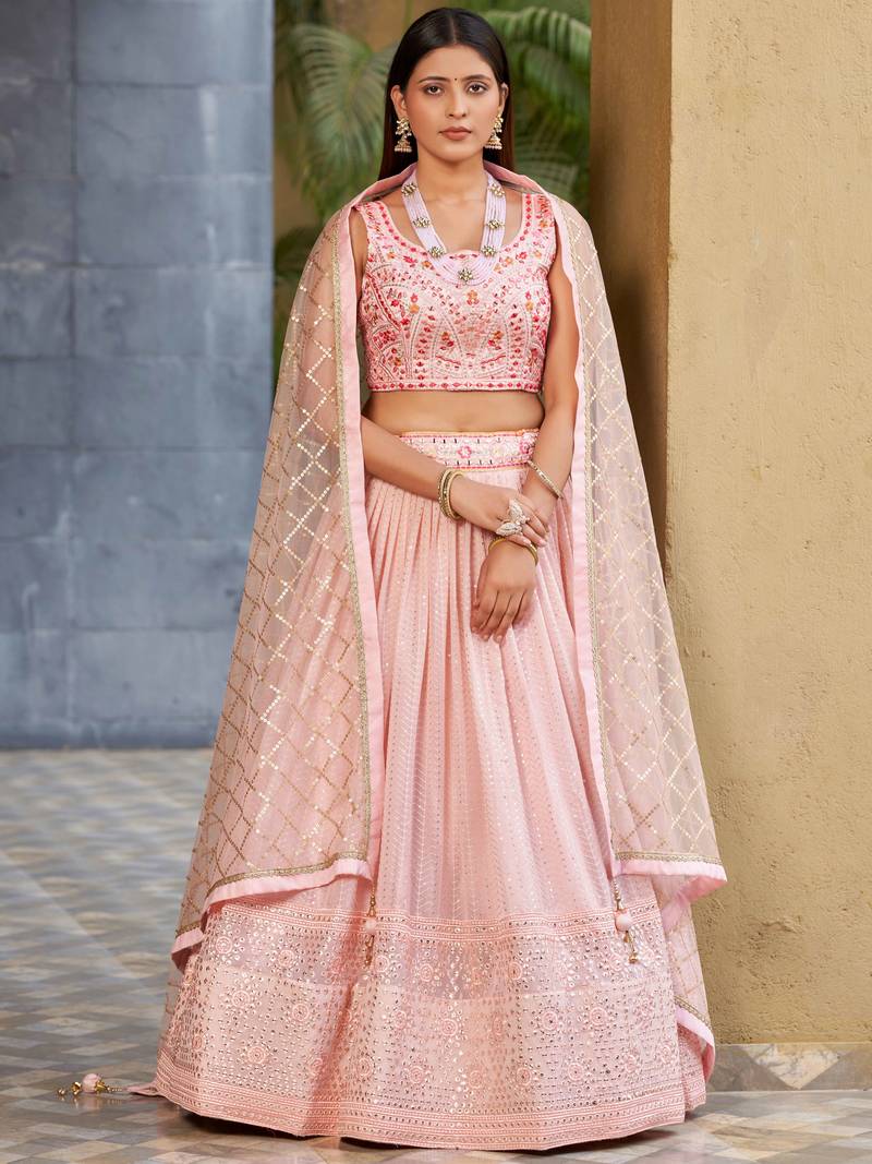 Beautiful Pink Sequins Art Silk Bridesmaid Lehenga Choli With Dupatta