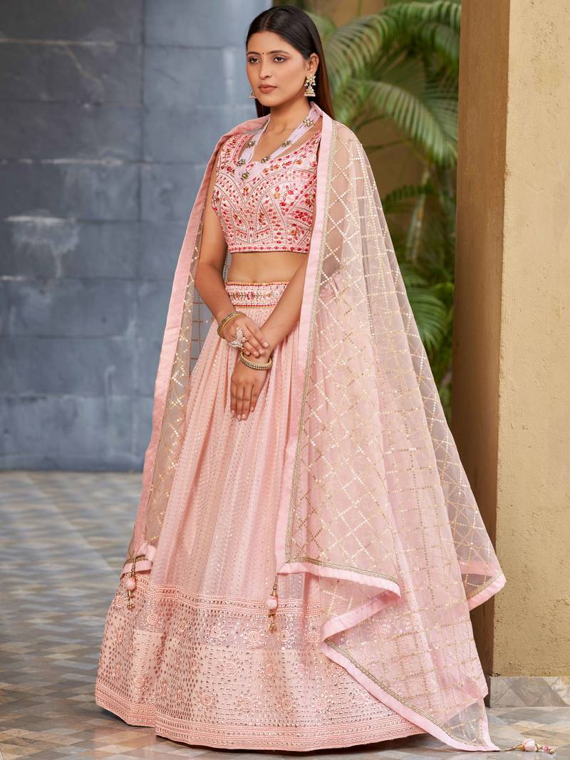 Beautiful Pink Sequins Art Silk Bridesmaid Lehenga Choli With Dupatta