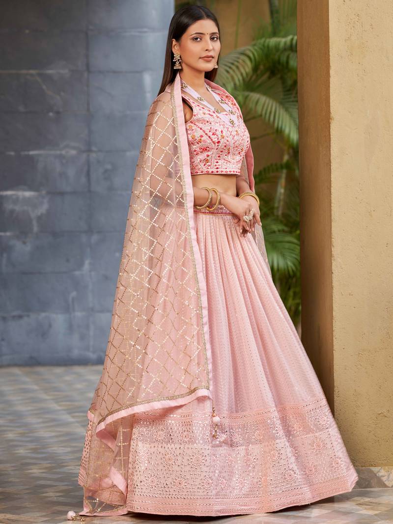 Beautiful Pink Sequins Art Silk Bridesmaid Lehenga Choli With Dupatta
