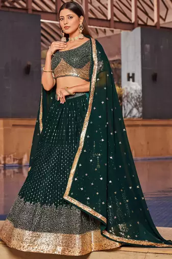 green sequins georgette lehenga set choli with dupatta