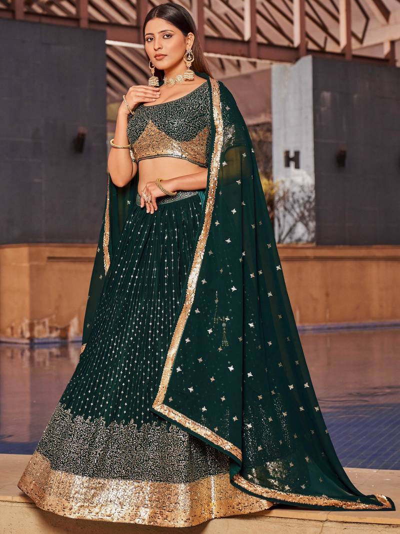 Stunning Green Sequins Georgette Reception Wear Lehenga Choli