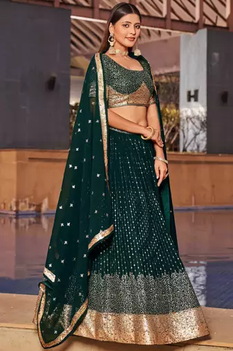 green sequins georgette lehenga set choli with dupatta