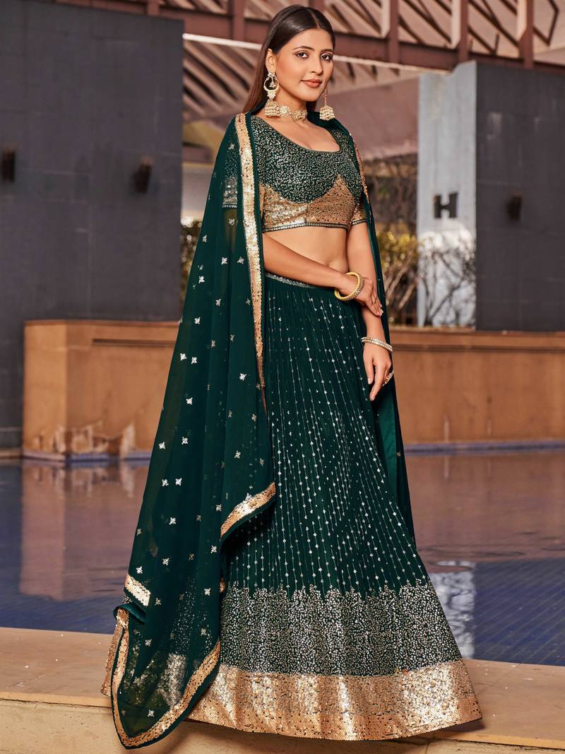 Stunning Green Sequins Georgette Reception Wear Lehenga Choli