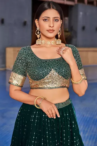 green sequins georgette lehenga set choli with dupatta