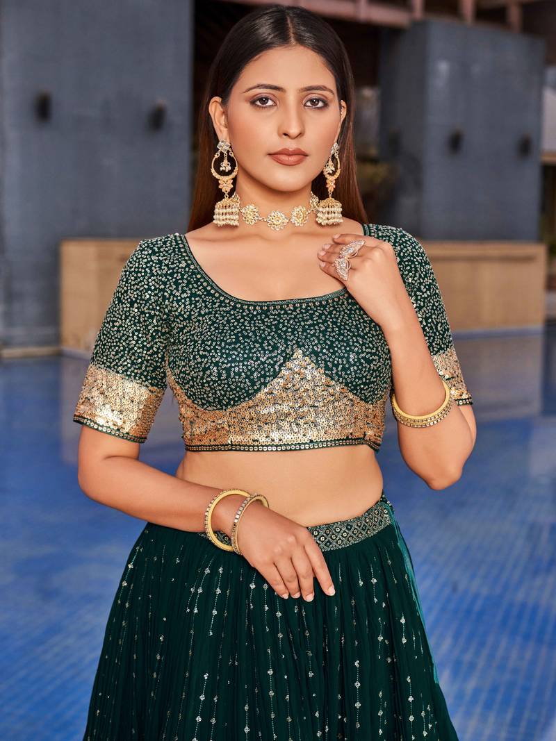 Stunning Green Sequins Georgette Reception Wear Lehenga Choli