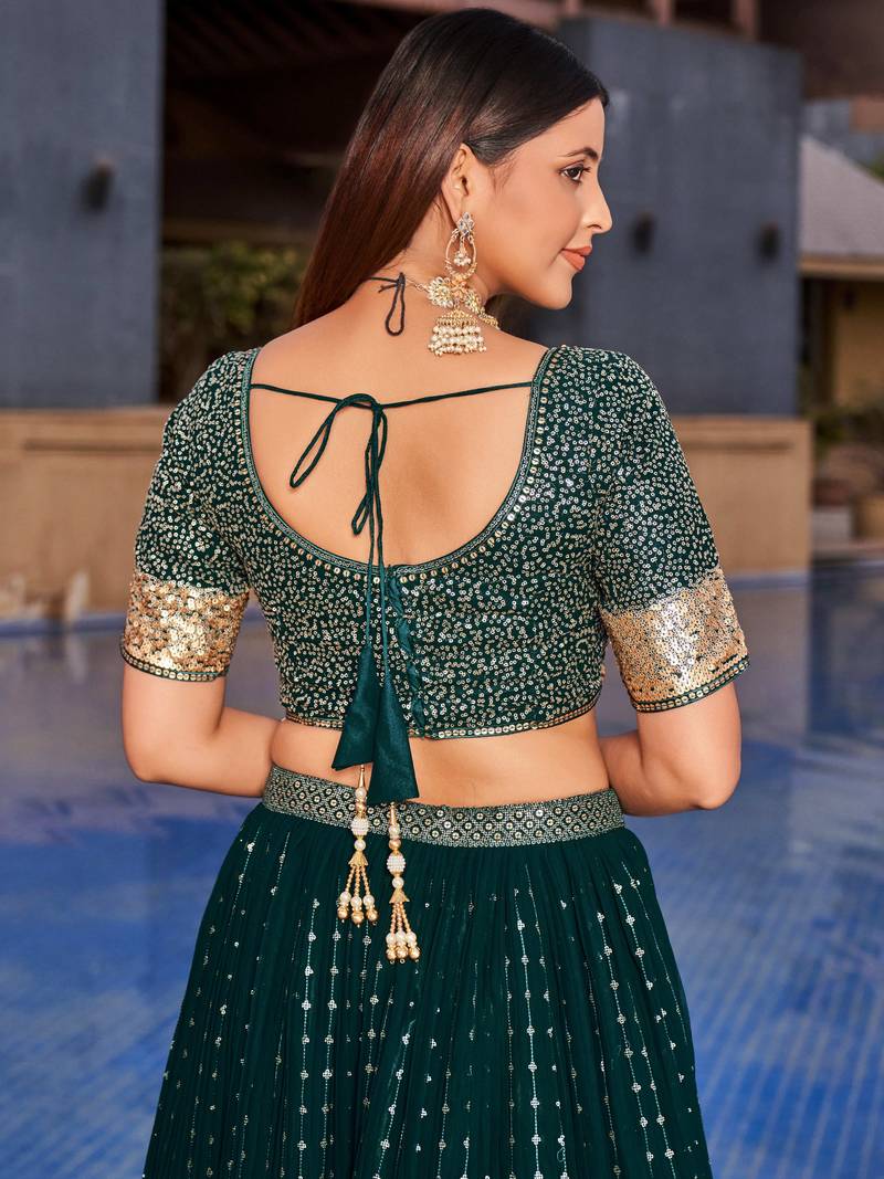 Stunning Green Sequins Georgette Reception Wear Lehenga Choli