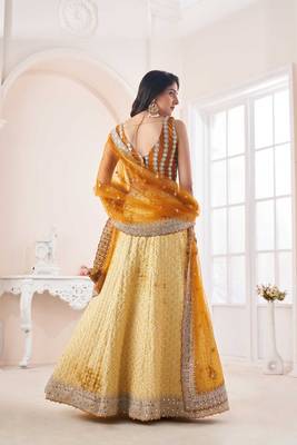 Yellow Shibori Crepe Lehenga choli set with Net Dupatta 4