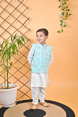 Off White Kurta Chudidar Aqua Green Jacket 1